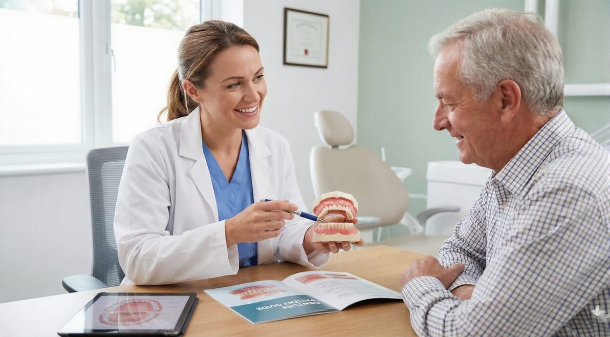 Female dentist showing a complete dentures model to a senior male patient during a consultation, explaining denture types, fitting, and daily care.