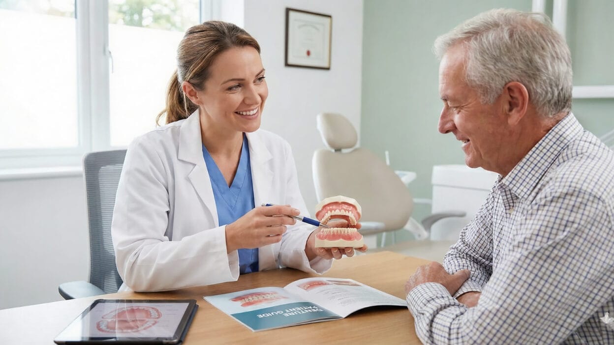 Female dentist showing a complete dentures model to a senior male patient during a consultation, explaining denture types, fitting, and daily care.