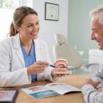 Female dentist showing a complete dentures model to a senior male patient during a consultation, explaining denture types, fitting, and daily care.