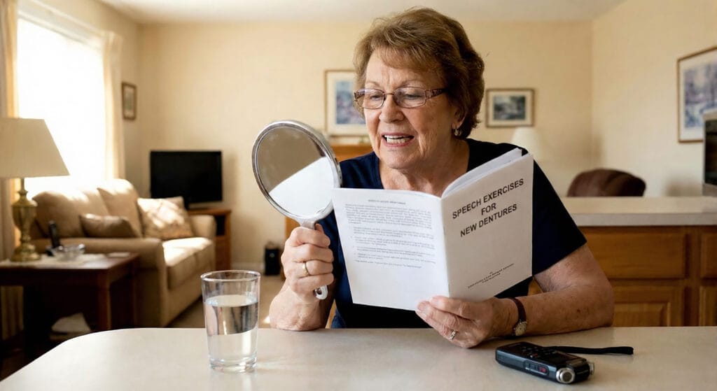 Patient practicing speech exercises with new dentures