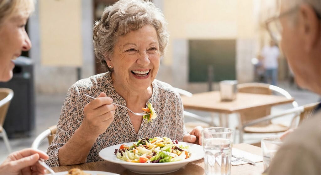 Person enjoying a meal and smiling confidently with new dentures