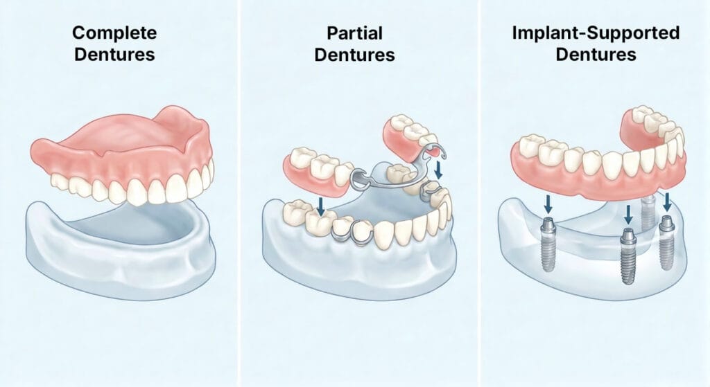 Types of dentures guide comparison showing full, partial, and implant-supported dentures